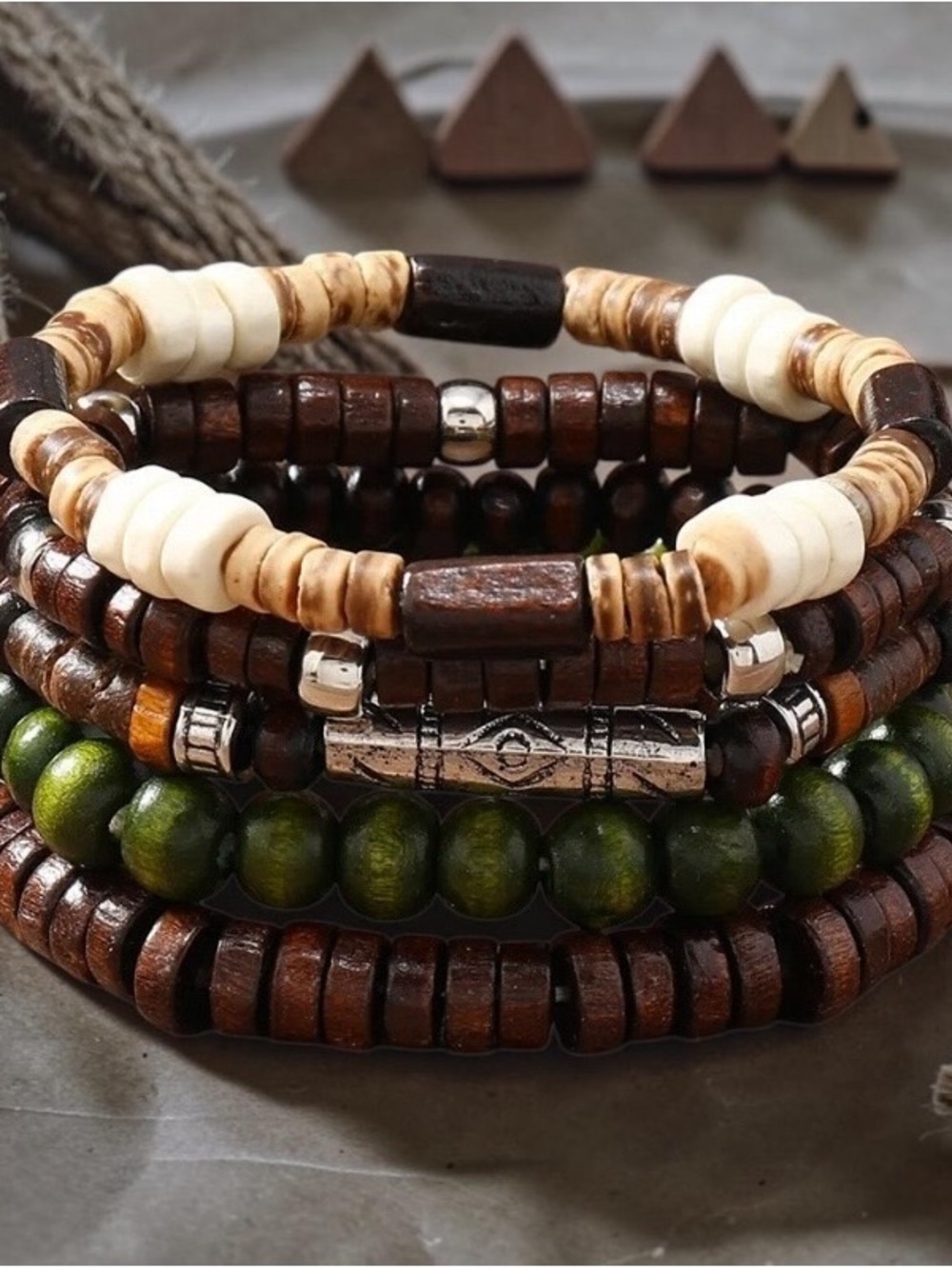 Layered Wood & Green Bead Bracelet Stack - Neutral and Green